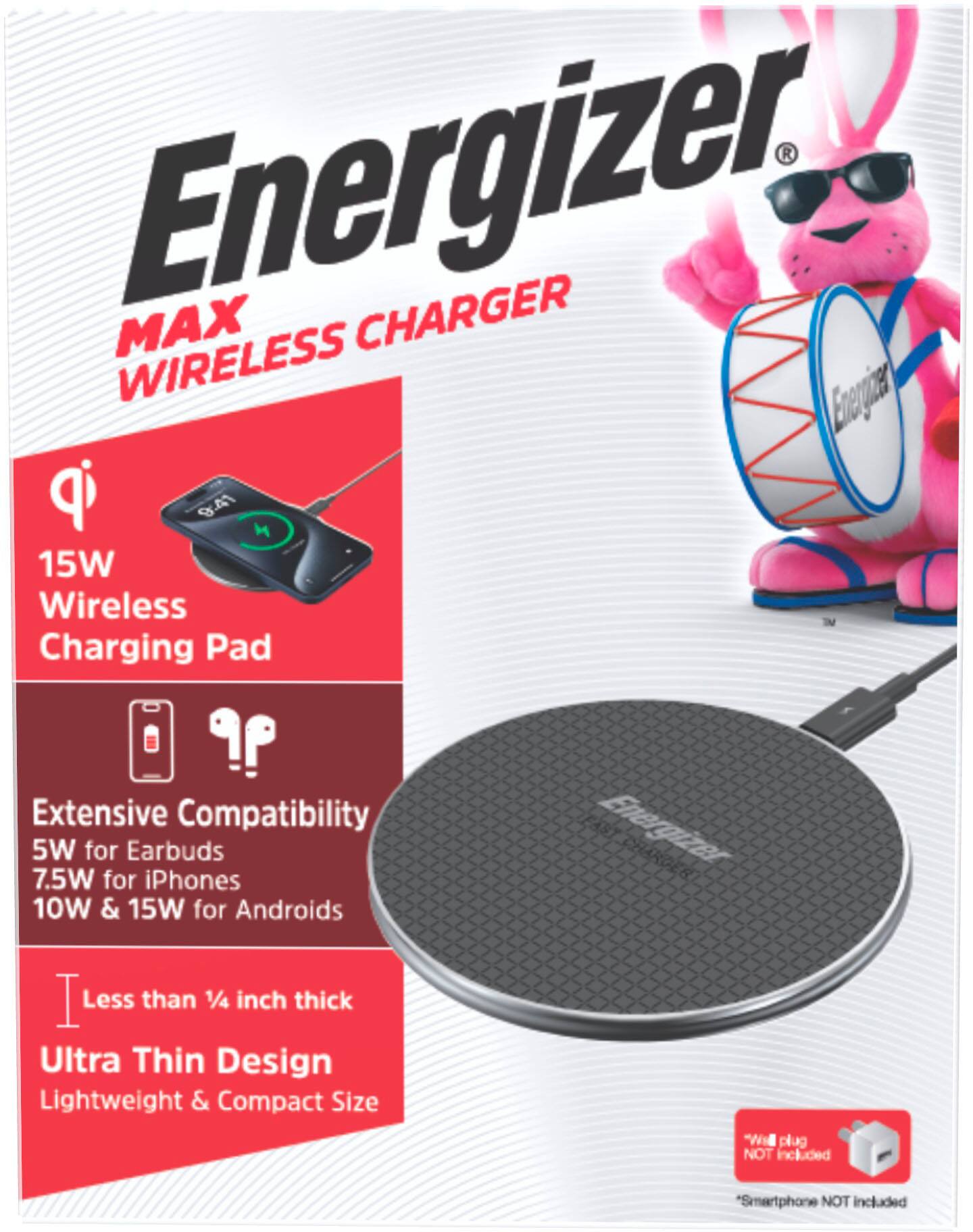Alt View 19. Energizer - Max 15W Qi Certified Universal Wireless Charging Pad - USB-C Cable Included (AC Adapter not included) - Black.