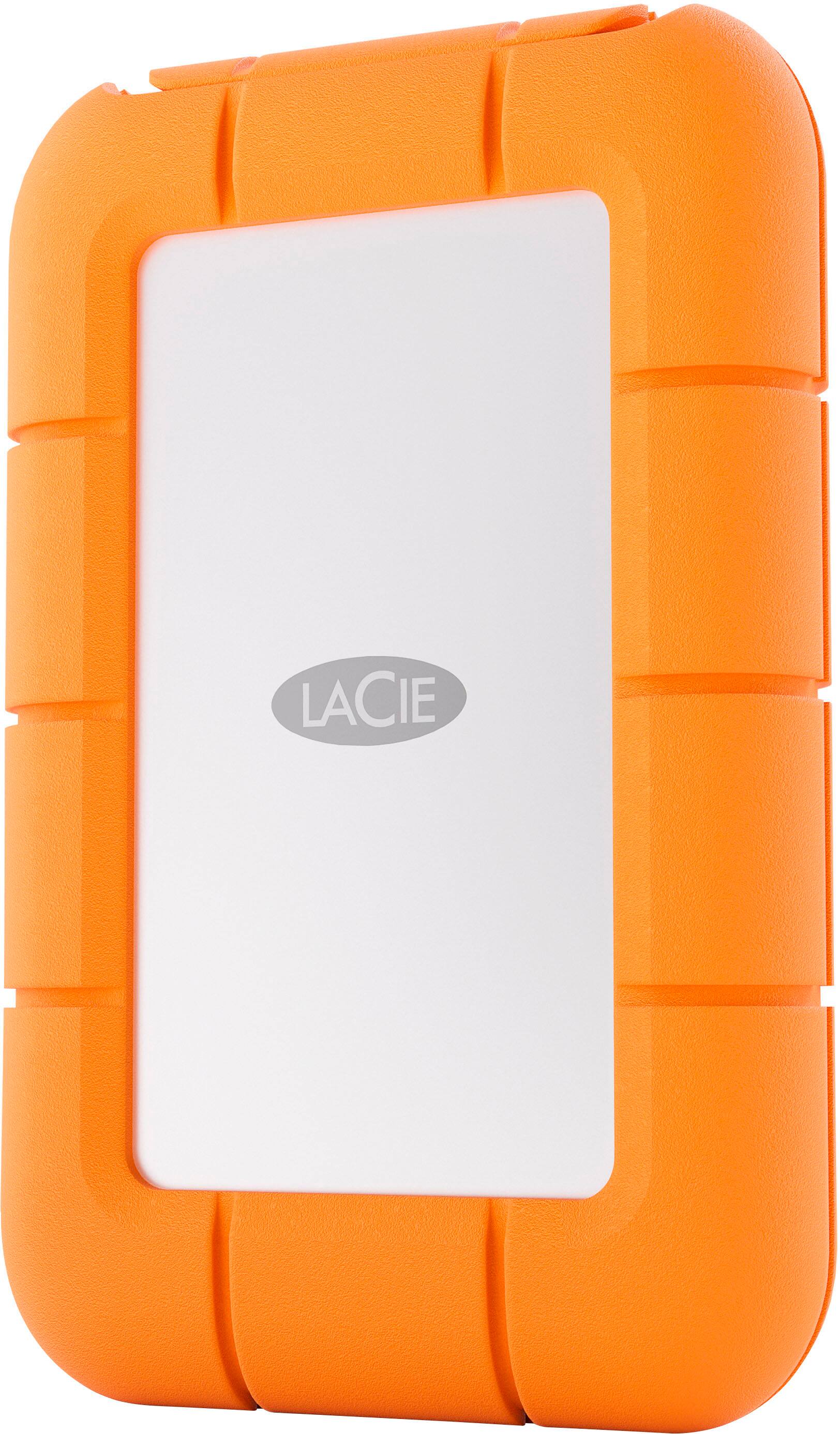 Left View: LaCie Rugged Mini SSD 1TB Solid State Drive - USB 3.2 Gen 2x2, speeds up to 2000MB/s (STMF1000400) - Silver and Orange