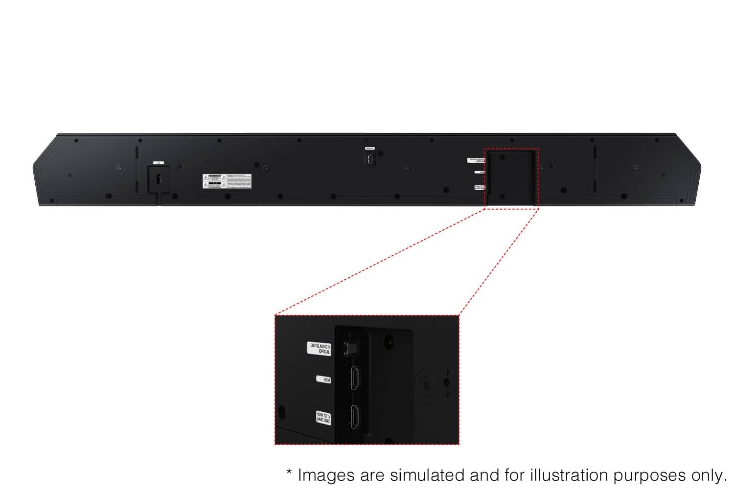 The image features a soundbar with a remote control on top of it. The soundbar is black and has a white label on it. The remote control is placed on top of the soundbar, indicating that it is used to operate the soundbar. The image also has a caption stating that the images are simulated and for illustration purposes only.