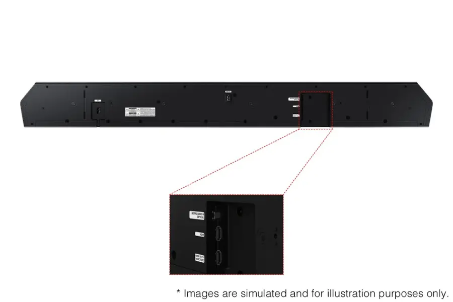 The image features a soundbar with a remote control on top of it. The soundbar is black and has a white label on it. The remote control is placed on top of the soundbar, indicating that it is used to operate the soundbar. The image also has a caption stating that the images are simulated and for illustration purposes only.