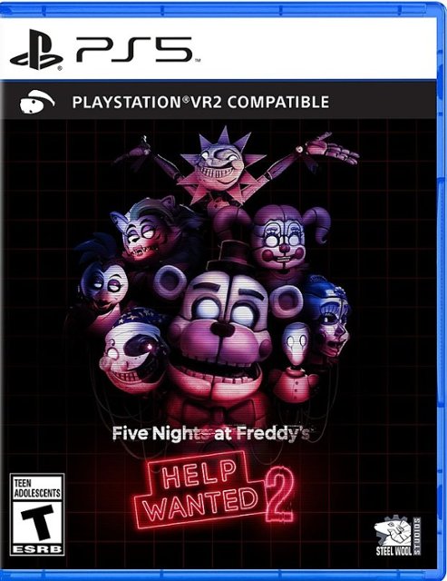 The image features a PlayStation 5 game, which is compatible with PlayStation VR2. The game is rated as Teen and Adolescents, and it is a part of the Five Nights at Freddy's series. The game is called "Help Wanted 2" and is developed by Steel Wool Studios.
