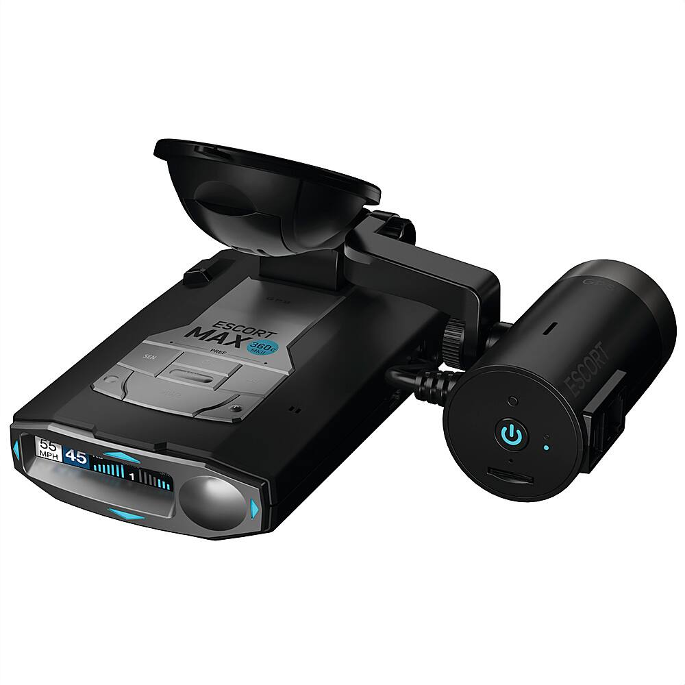 The image shows a black device with a detector on top of it. The device is a radar detector, specifically an Escort Max. The detector is designed to alert the user of any approaching radar signals, ensuring they can take appropriate action to avoid fines or other consequences. The Escort Max is a high-performance radar detector that can detect radar signals from a distance of up to 55 mph, providing ample time for the user to react. The device is equipped with a 45-degree detection angle, which allows for a wider range of detection. The radar detector is a useful tool for drivers who want to stay informed about any potential radar threats on the road.