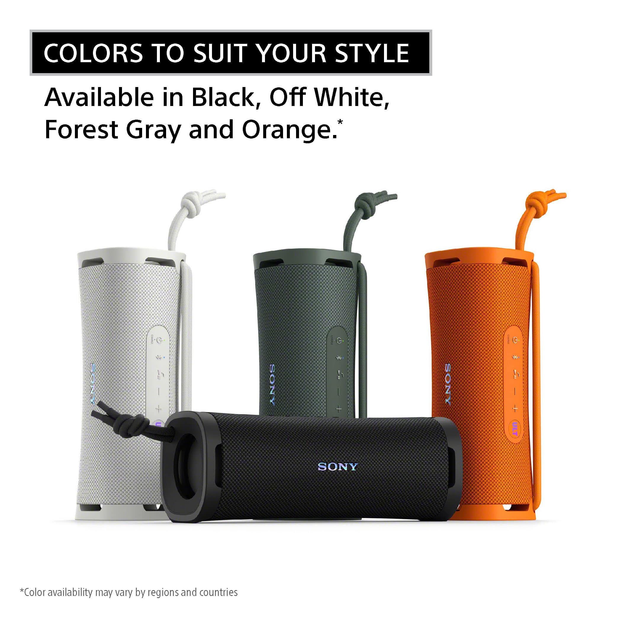 The image showcases four different colored speakers, each with a unique color scheme. The speakers are available in black, off-white, forest gray, and orange. The advertisement emphasizes the variety of colors available to suit the customer's style preferences. The speakers are made by Sony and are designed to provide a high-quality listening experience.