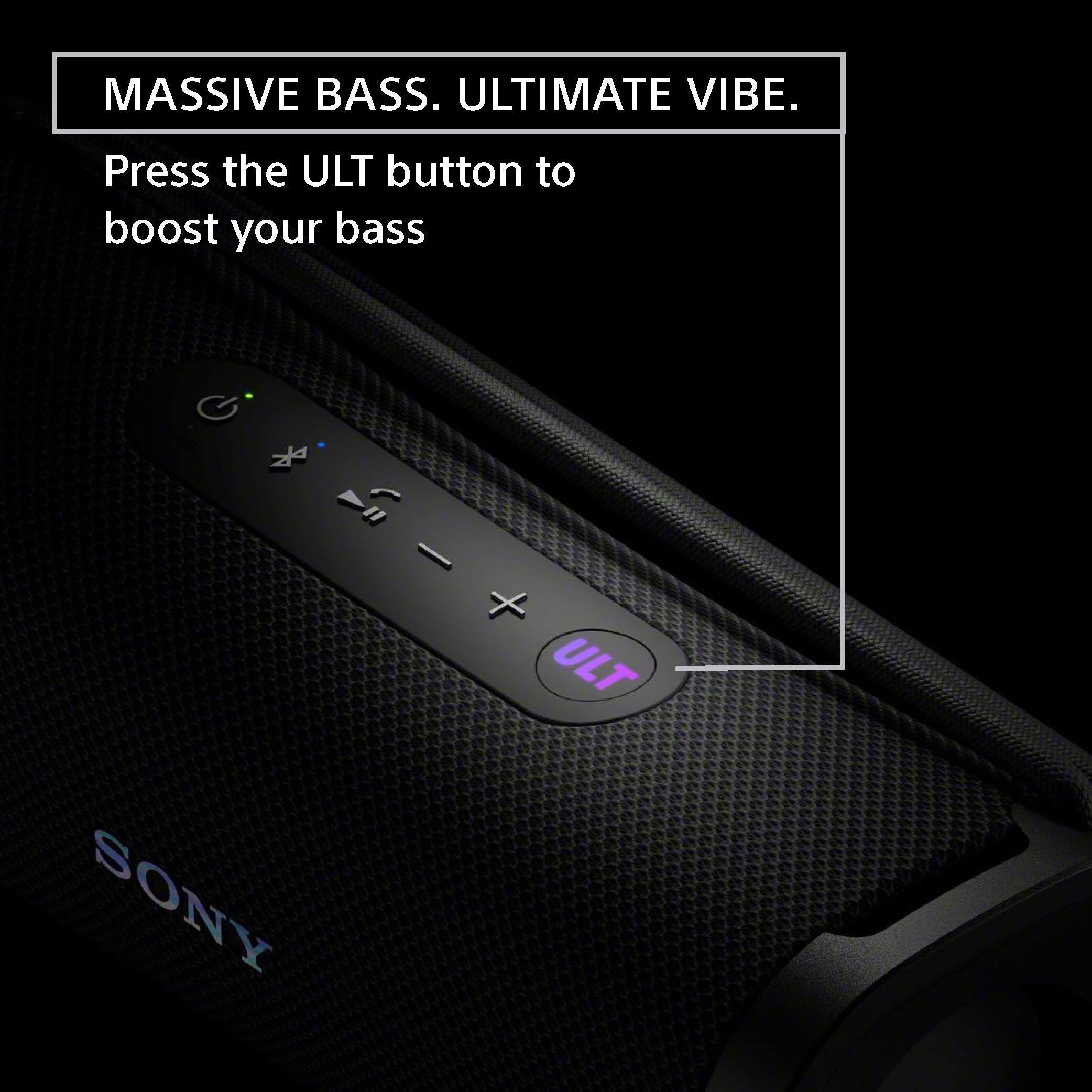 The image features a black speaker with a purple button on it. The speaker is labeled "MASSIVE BASS. ULTIMATE VIBE." and has a button labeled "ULT" on it. The speaker is likely designed to boost the bass when pressed. The image also has a Sony logo in the bottom left corner.