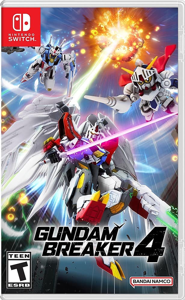 The image features a video game called Gundam Breaker 4, which is available on the Nintendo Switch. The game is rated Teen and is developed by Bandai Namco.