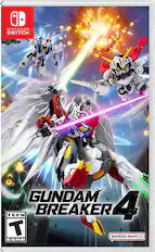 The image features a video game called Gundam Breaker 4, which is available on the Nintendo Switch. The game is rated Teen and is developed by Bandai Namco.