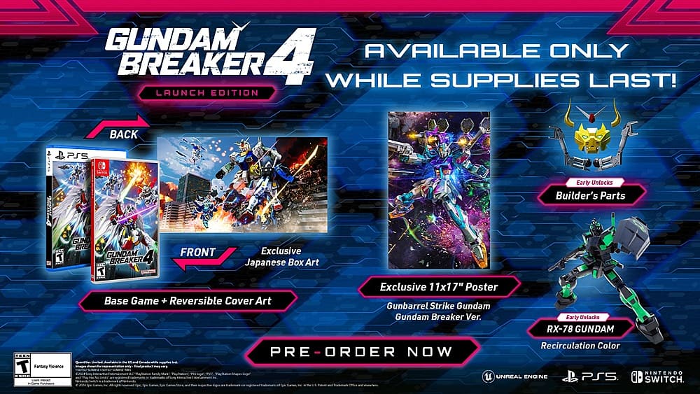 Gundam Breaker 4 is available only while supplies last! Launch edition includes a back cover, exclusive Japanese art, and a 11x17" poster. The game features early unlocks for the Gunbarrel Strike Gundam and RX-78 Gundam. It is rated Teen for Fantasy Violence and is available for pre-order now.