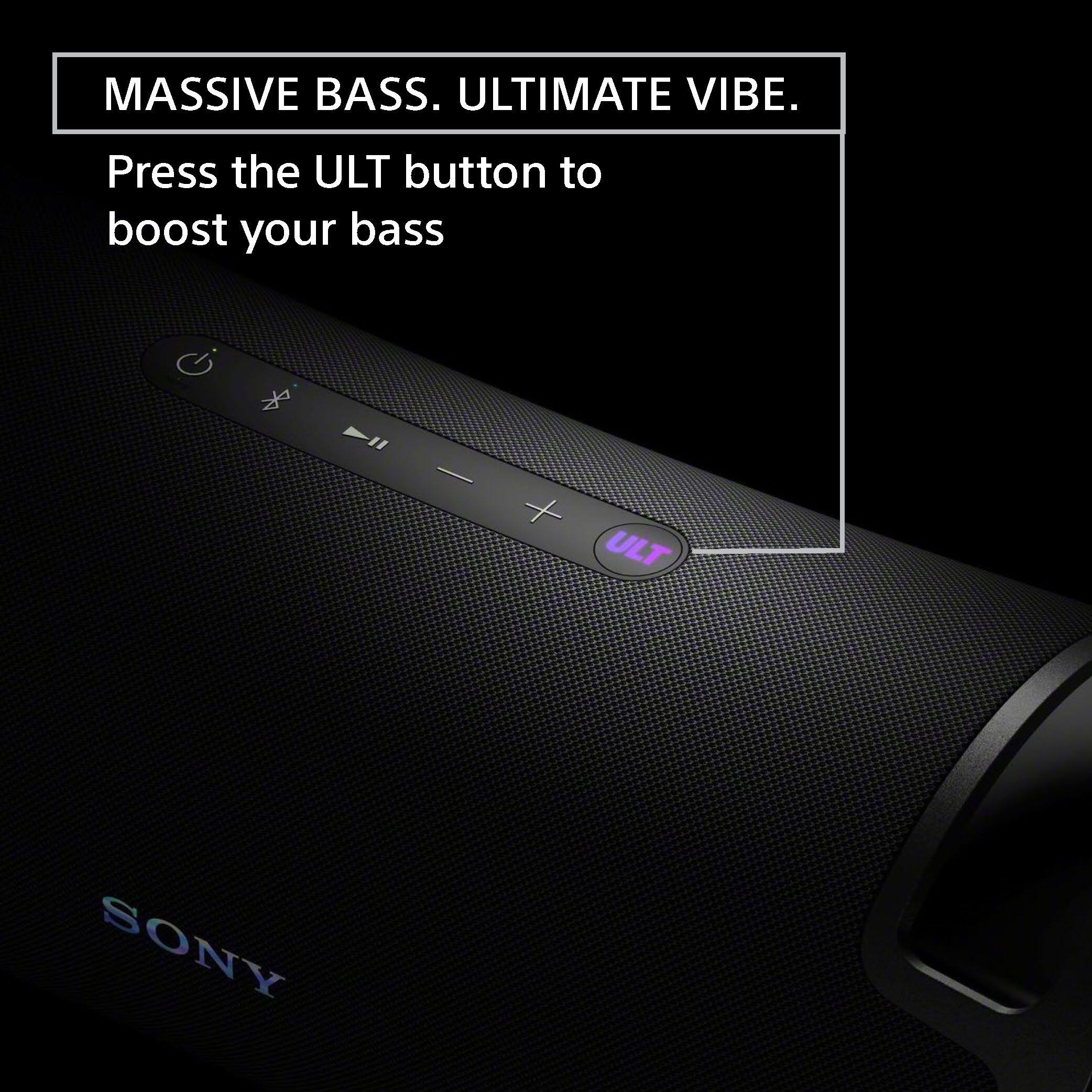The image features a black speaker with a purple button on it. The speaker is described as having "massive bass" and an "ultimate vibe." The speaker also has a "Ult" button, which is likely used to boost the bass. The speaker is made by Sony.