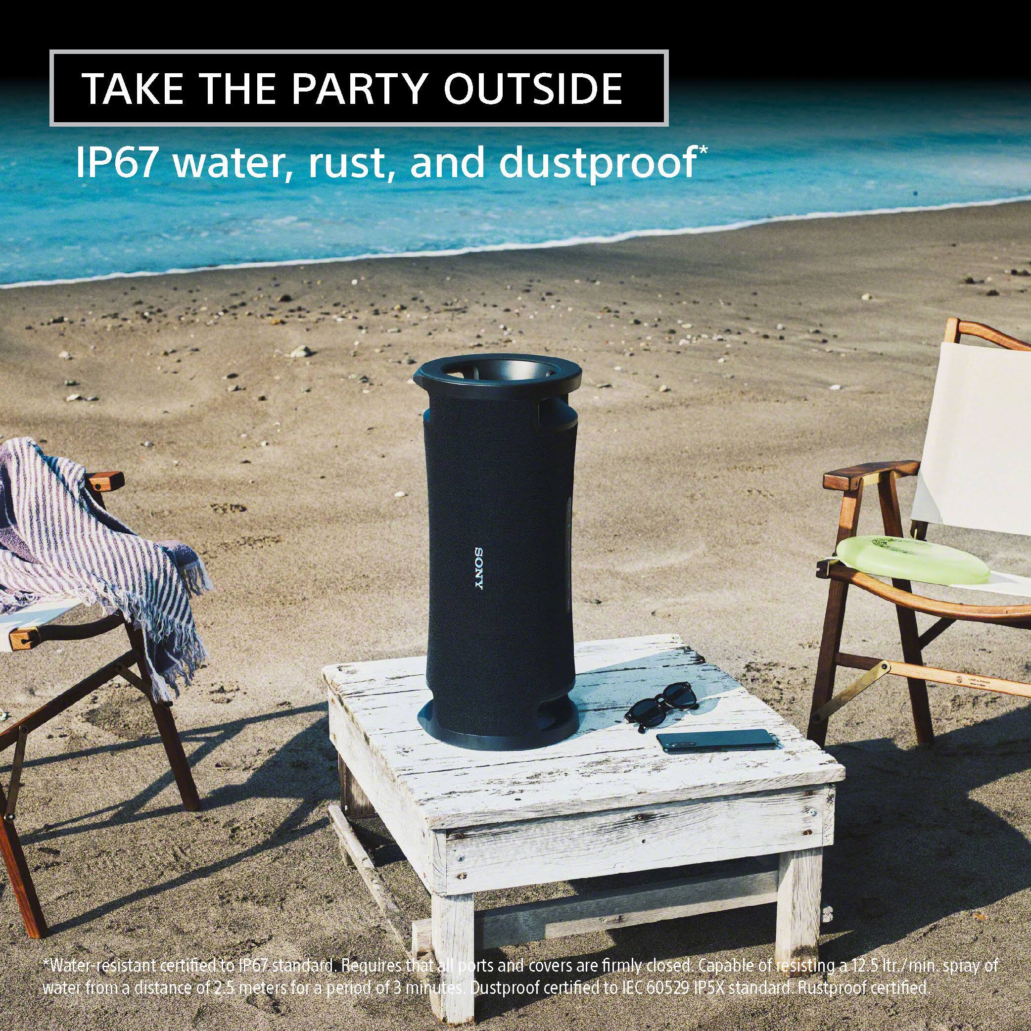 TAKE THE PARTY OUTSIDE IP67 water, rust, and dustproof SONY Water resistant certified to 1967 standard Bequires that  ports and covers are firmly closed Capable of resisting a 12 5 tr. min. splay of water from a distance of 5 mete S for & period of 3 minutes Dustproof certified to IEC 60529 IPSX standard Rustproof certified.