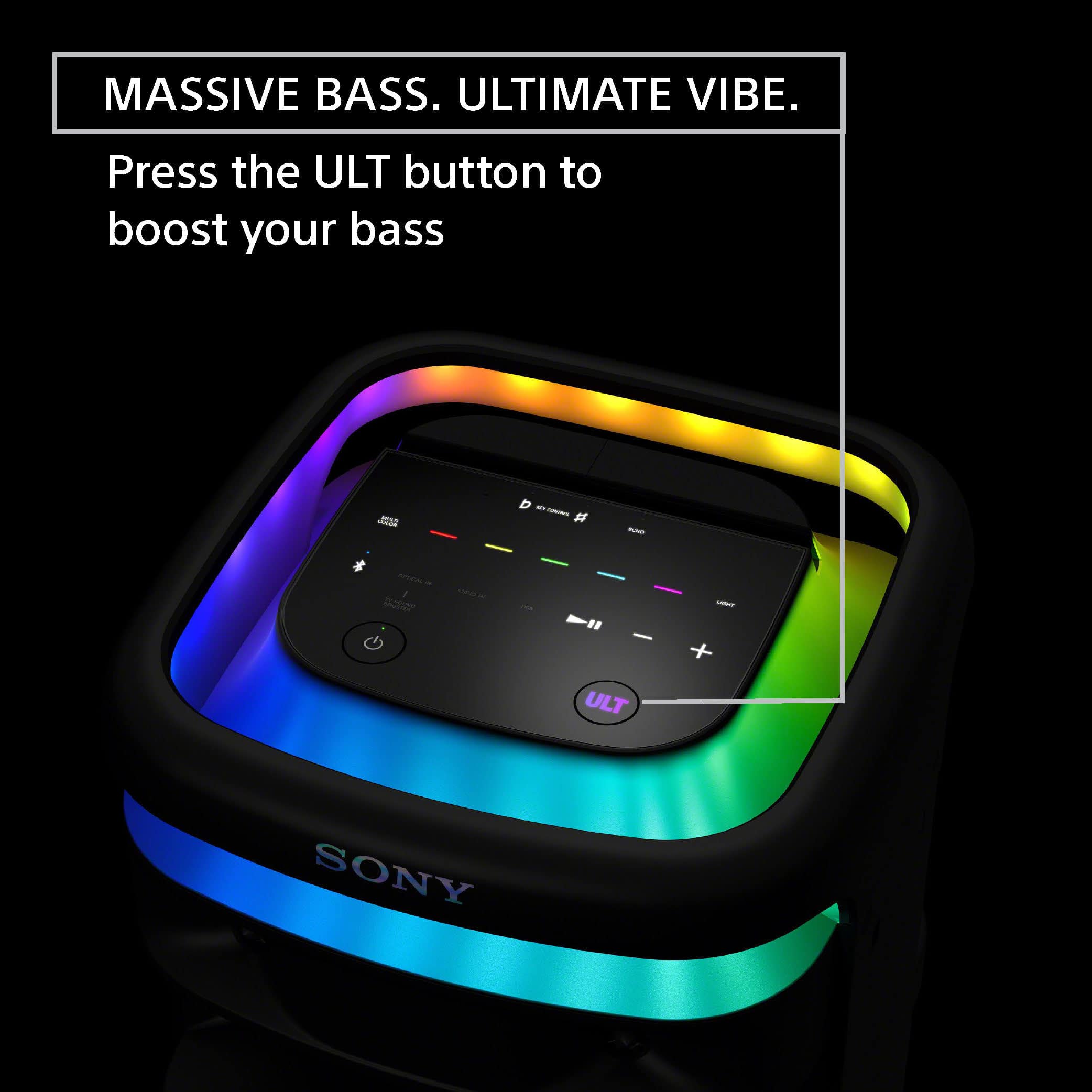 The image features a Sony product with a rainbow-colored design. The product is described as having "massive bass" and an "ultimate vibe." To boost the bass, the user can press the "ULT" button. The product is designed to enhance the user's audio experience by providing a powerful and immersive sound.