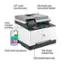 The text on the image can be grouped and corrected as follows:

1. 4.3" color touchscreen
2. 50-sheet auto document feeder
3. Auto 2-sided printing
4. Print from any device
5. 100-sheet output tray
6. 250-sheet input tray

This information describes the features of a printer, including its touchscreen, document feeder, printing capabilities, compatibility with various devices, and storage capacity.