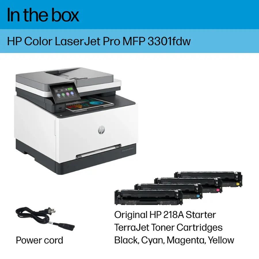 In the box, you will find an HP Color LaserJet Pro MFP 3301fdw printer, a power cord, and Original HP 218A Starter Toner Cartridges in Black, Cyan, Magenta, and Yellow.