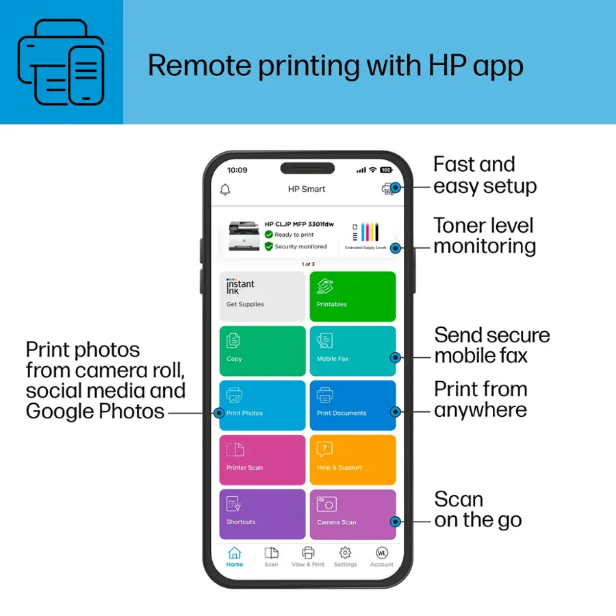 Remote Printing with HP App:

* HP Smart - Fast and easy setup
* HP CLJP MFP w/EasyDrive
* Security monitored - Sat - 1 or 3 toner level monitoring
* Instant access to get supplies
* Print photos from camera roll, social media, and Google Photos
* Copy, Print, Photos, Mobile Fax, Print Documents
* Send secure mobile fax
* Print from anywhere
* Printer scan
* Help & Support Shortcuts
* Camera, Scan, Home, Scan, View & Print Settings, Account