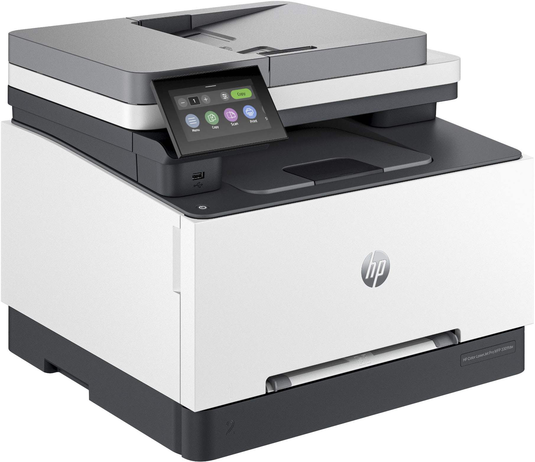 Left View: HP - LaserJet Pro MFP 3301fdw Wireless Color All-in-One Laser Printer - White & Slate