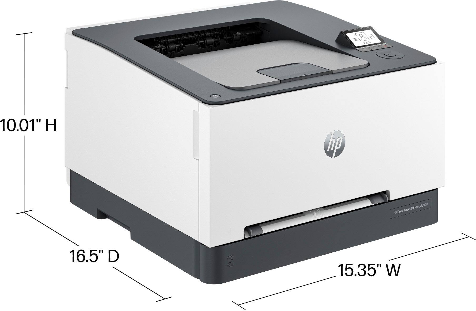 The text on the image reads: "IN & Pac 10.01" H hp Pro 320%w Color LaserJet H 16.5" D 2 15.35" W". This text is describing the dimensions of a printer, specifically the HP Pro 320 Color LaserJet. The dimensions are given in inches, with the height being 10.01 inches, the width being 16.5 inches, and the depth being 2 inches.