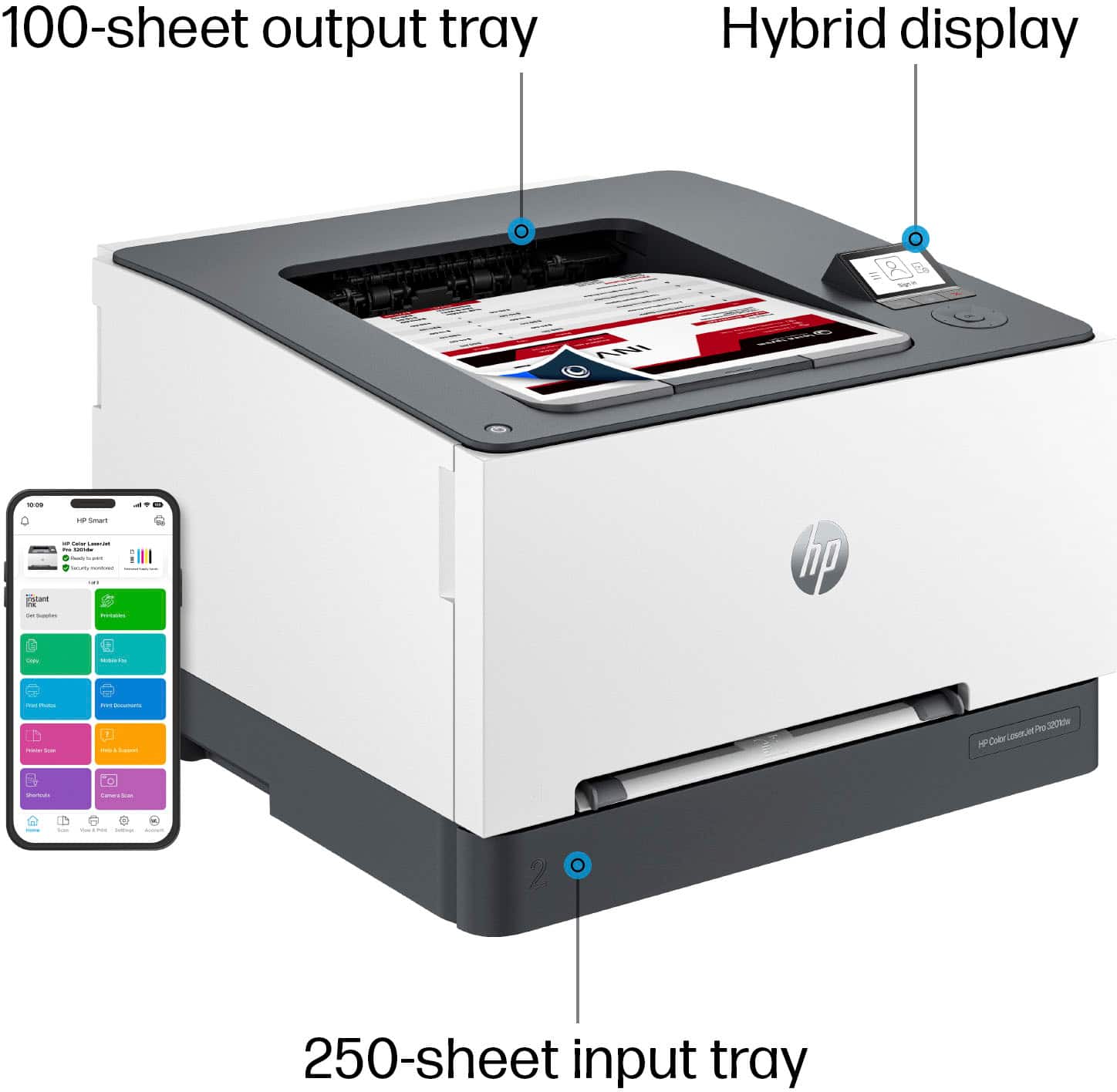 Auto 2-sided printing, 100-sheet output tray, Hybrid display, Print from any device, 250-sheet input tray.