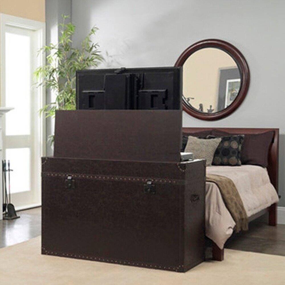 Angle. Touchstone Home Products - The Ellis Trunk by Touchstone - Leather Wrapped Smart Motorized TV Lift Cabinet for Flat Screen TVs up to 50 Inches - Aged Cigar Leather.