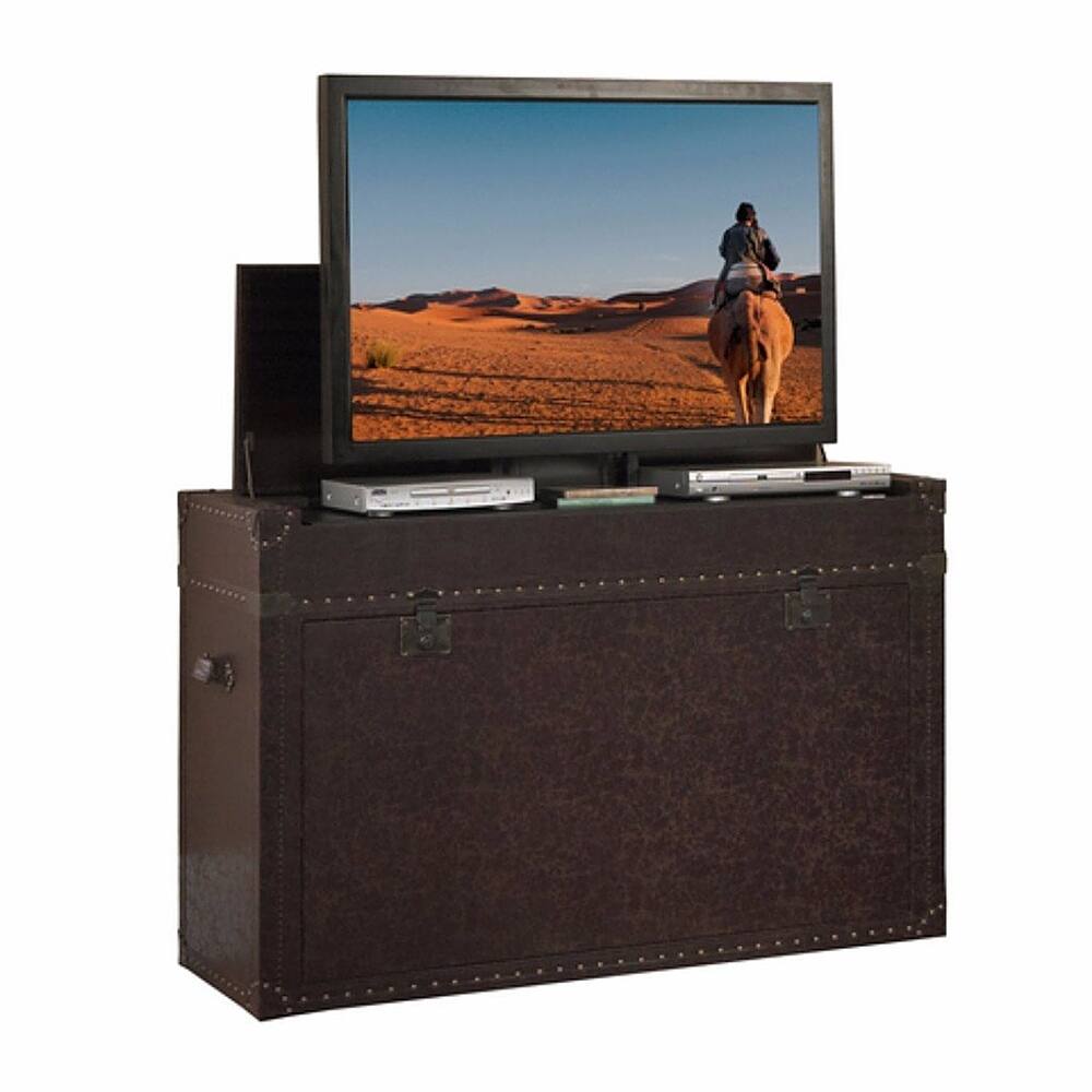Front. Touchstone Home Products - The Ellis Trunk by Touchstone - Leather Wrapped Smart Motorized TV Lift Cabinet for Flat Screen TVs up to 50 Inches - Aged Cigar Leather.