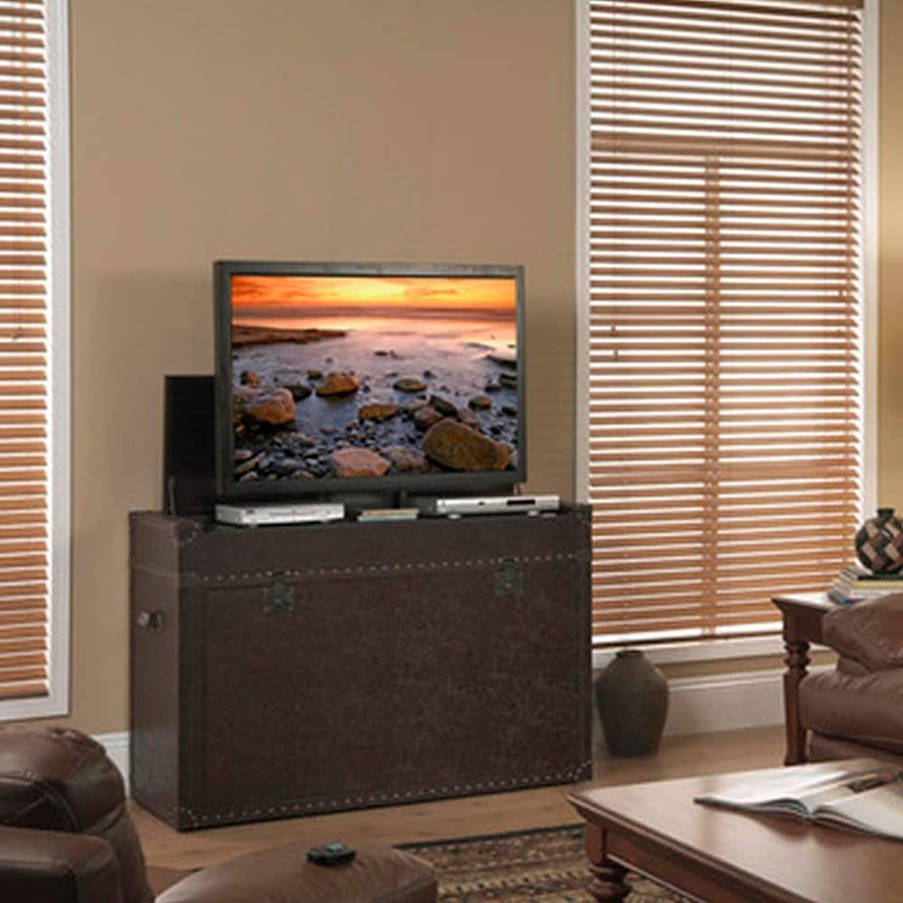 Left. Touchstone Home Products - The Ellis Trunk by Touchstone - Leather Wrapped Smart Motorized TV Lift Cabinet for Flat Screen TVs up to 50 Inches - Aged Cigar Leather.