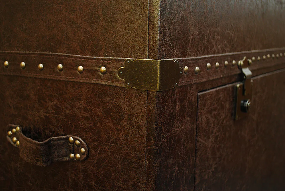 Left. Touchstone Home Products - The Vintage Trunk by Touchstone - Leather Wrapped Smart Motorized TV Lift Cabinet for Flat Screen TVs up to 46 Inches - Aged Cigar Leather.