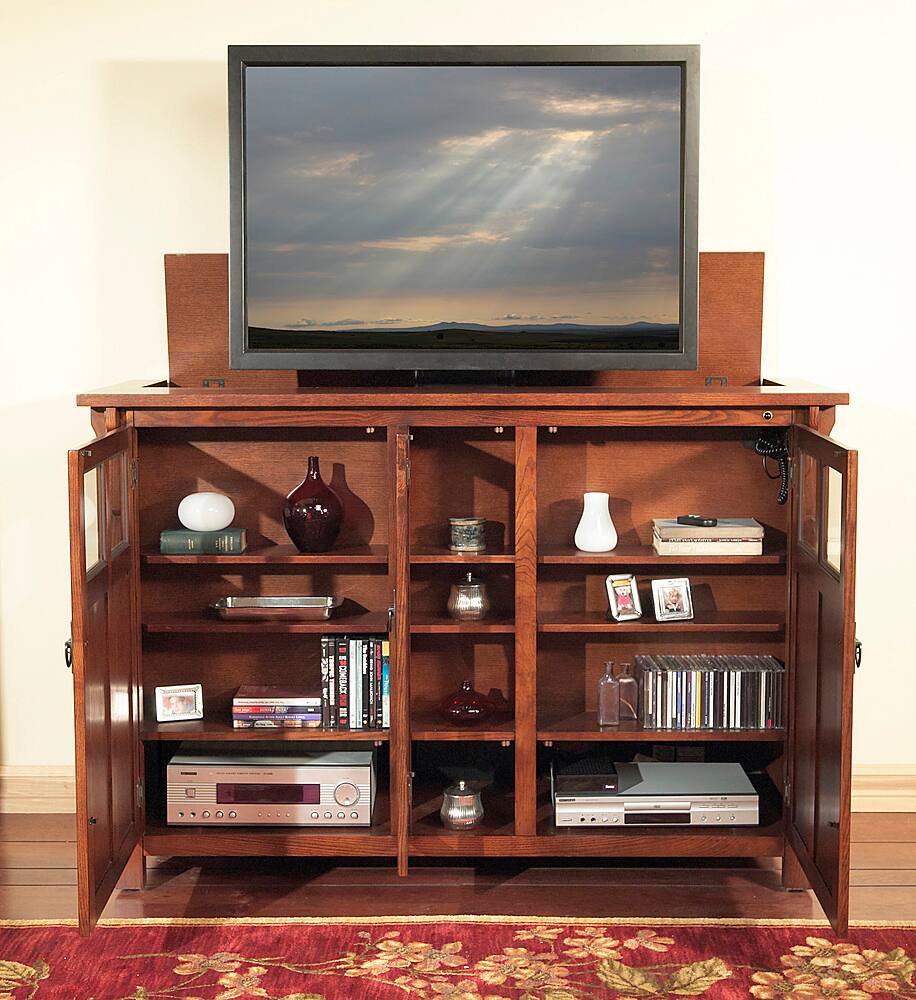 Angle. Touchstone Home Products - The Bungalow by Touchstone - Smart Motorized TV Lift Cabinet for Flat Screen TVs up to 60 Inches - Mission Chestnut.