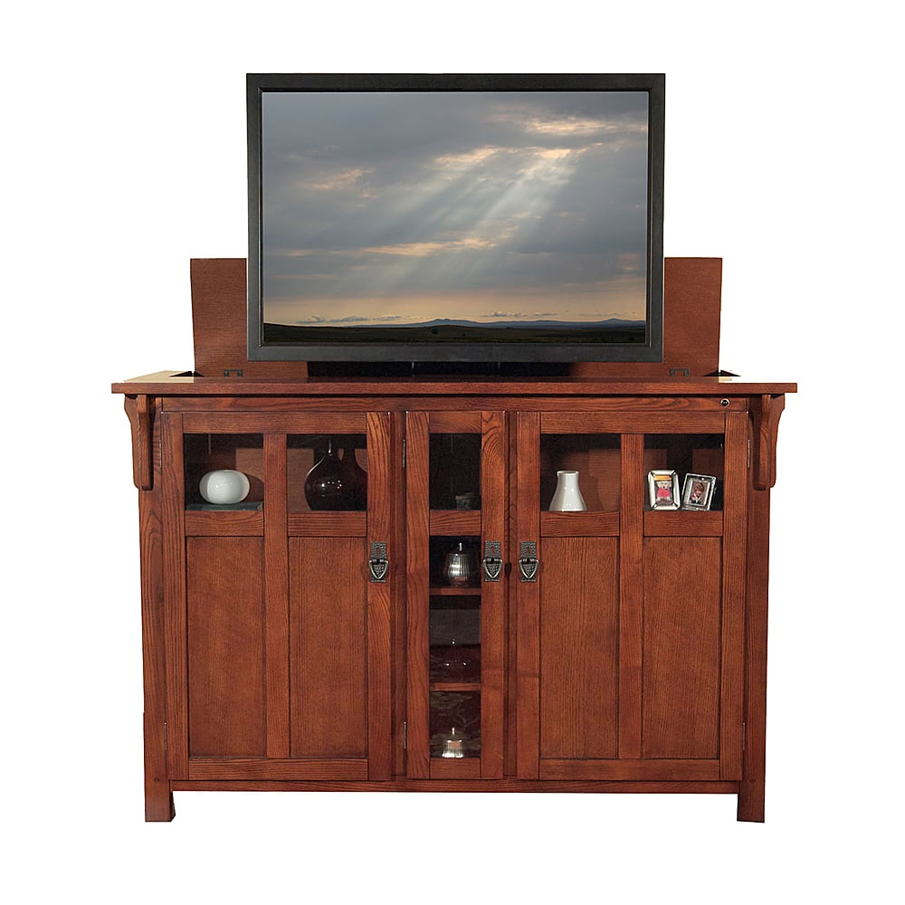Left. Touchstone Home Products - The Bungalow by Touchstone - Smart Motorized TV Lift Cabinet for Flat Screen TVs up to 60 Inches - Mission Chestnut.