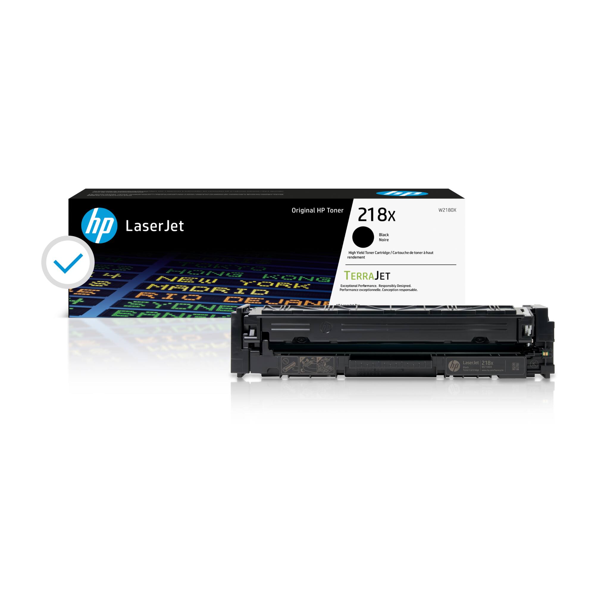 The image features a box of HP LaserJet toner cartridges, which are compatible with various HP printers. The box contains multiple toner cartridges, including a 218x HP LaserJet Bark N mgh THM - Lanoia I de - - - e +f MRNC KONG TERRAJET. The toner cartridges are designed to work with HP printers, such as the HP Color LaserJet Pro 3201dw, HP Color LaserJet Pro MFP 3301cdw, HP Color LaserJet Pro MFP 3301fdw, and HP Color LaserJet Pro MFP 3301sdw.