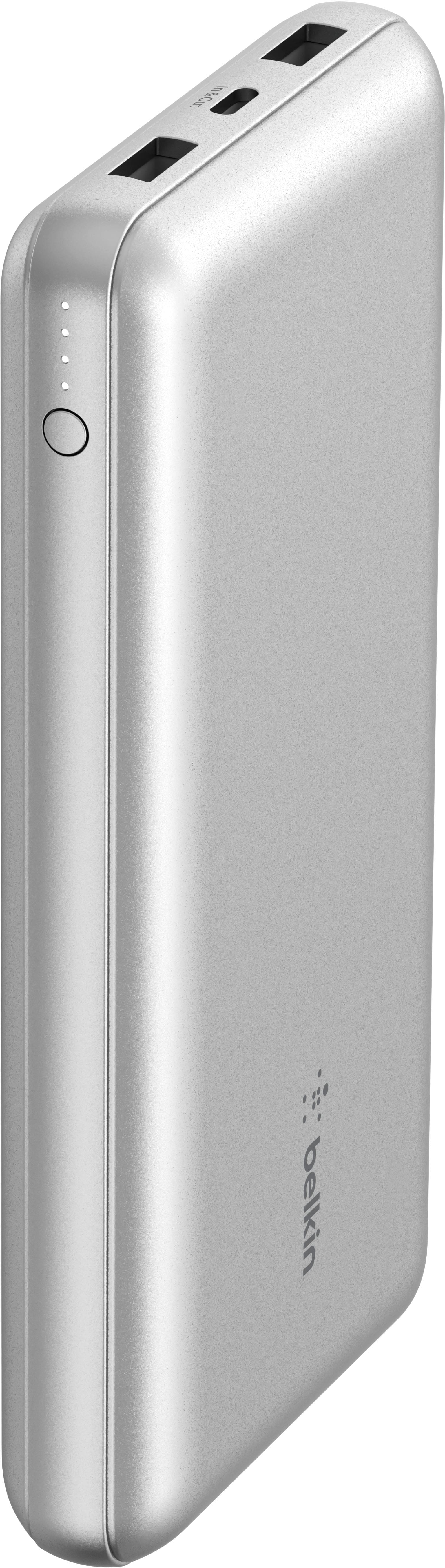 Angle. Belkin - BoostCharge USB-C Portable Charger 20K Power Bank with 1 USB-C Port and 2 USB-A Ports & Included USB-C to USB-A Cable - Silver.