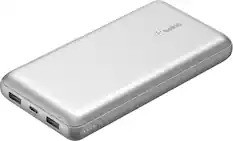 Front. Belkin - BoostCharge USB-C Portable Charger 20K Power Bank with 1 USB-C Port and 2 USB-A Ports & Included USB-C to USB-A Cable - Silver.