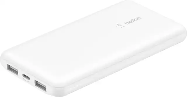 Front. Belkin - BoostCharge USB-C Portable Charger 10K Power Bank with 1 USB-C Port and 2 USB-A Ports & Included USB-C to USB-A Cable - White.