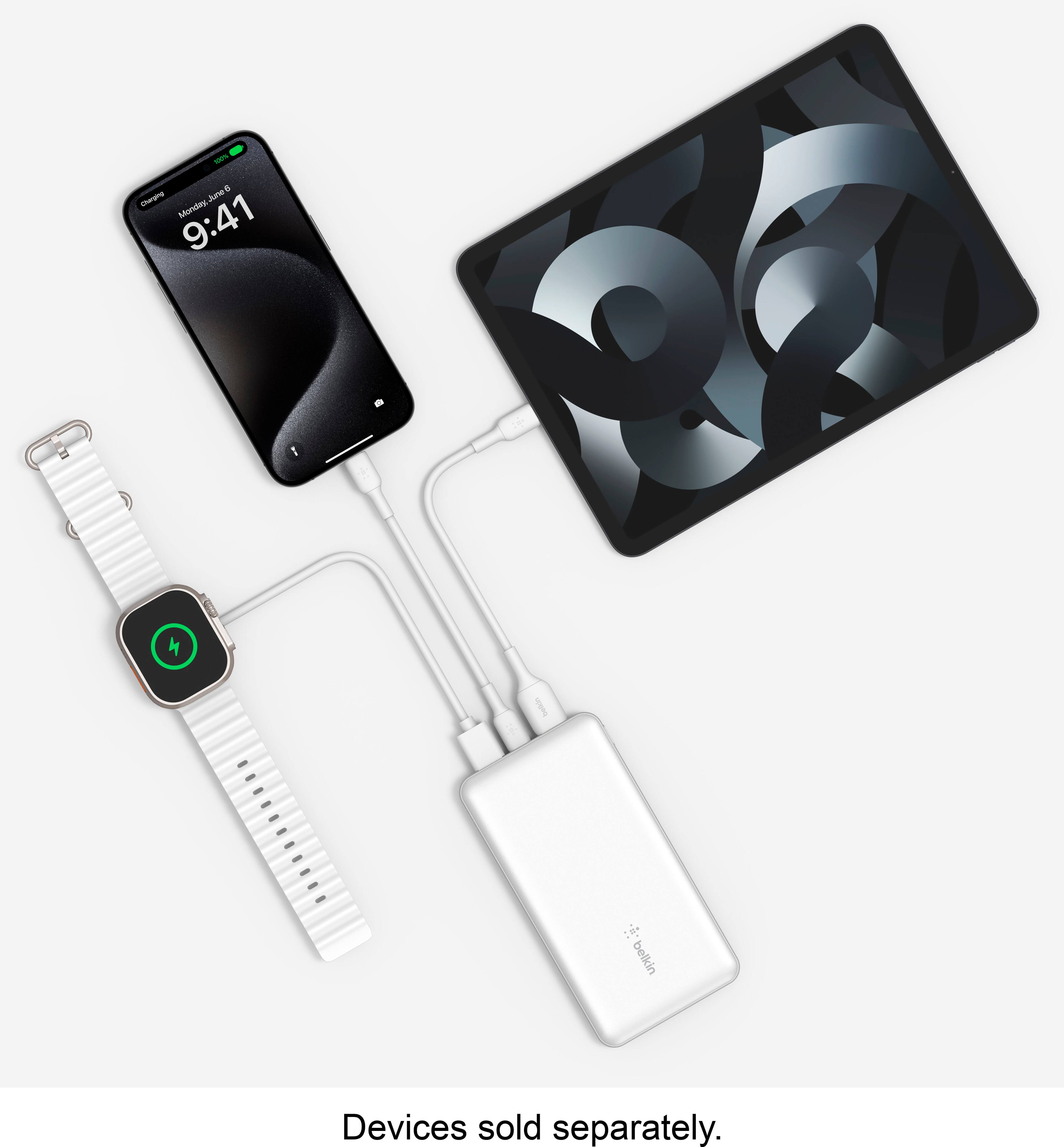 Alt View 3. Belkin - BoostCharge USB-C Portable Charger 10K Power Bank with 1 USB-C Port and 2 USB-A Ports & Included USB-C to USB-A Cable - White.