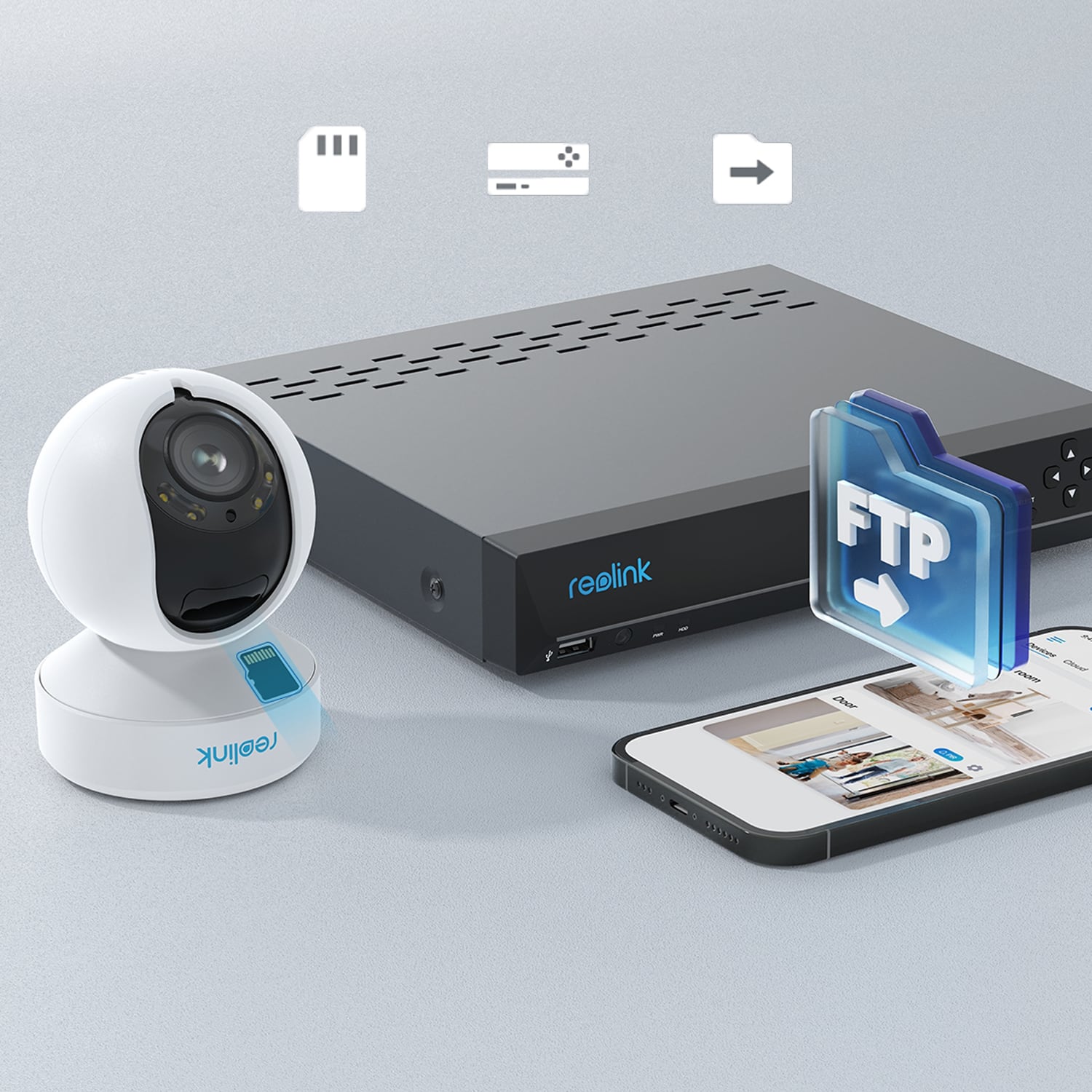 The image features a Reolink camera and a Reolink FTP device, both of which are designed for surveillance purposes. The Reolink camera is placed on a white stand, while the Reolink FTP device is positioned next to it. A cell phone is also present in the image, likely used for monitoring the camera's footage or controlling the device. The overall scene suggests a setup for security and surveillance purposes.