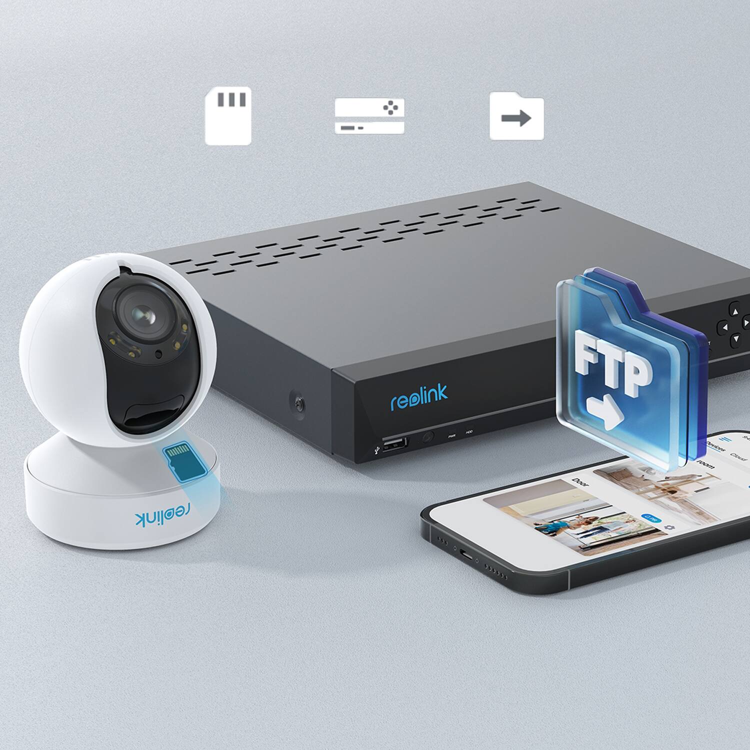 The image features a Reolink camera and a Reolink FTP device, both of which are designed for surveillance purposes. The Reolink camera is placed on a white stand, while the Reolink FTP device is positioned next to it. A cell phone is also present in the image, likely used for monitoring the camera's footage or controlling the device. The overall scene suggests a setup for security and surveillance purposes.