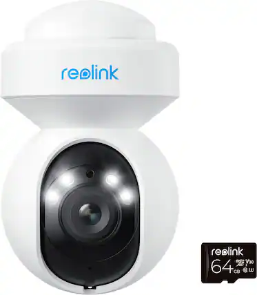 Front. Reolink - E Series E560 Outdoor Plug-In 4K Security Camera with 64GB MicroSD, PTZ, Wi-Fi 6 & Color Night Vision - White.