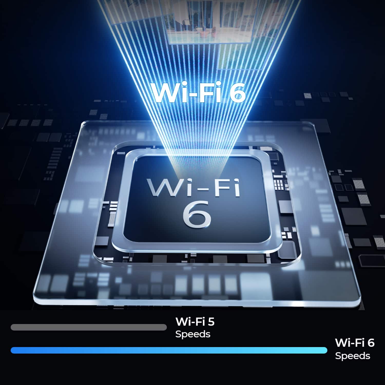 The image features a Wi-Fi 6 logo with a speed comparison between Wi-Fi 6 and Wi-Fi 5. The Wi-Fi 6 logo is displayed prominently in the center of the image, with the Wi-Fi 5 logo positioned below it. The image also includes a speed comparison chart, showcasing the faster speeds offered by Wi-Fi 6 compared to Wi-Fi 5.
