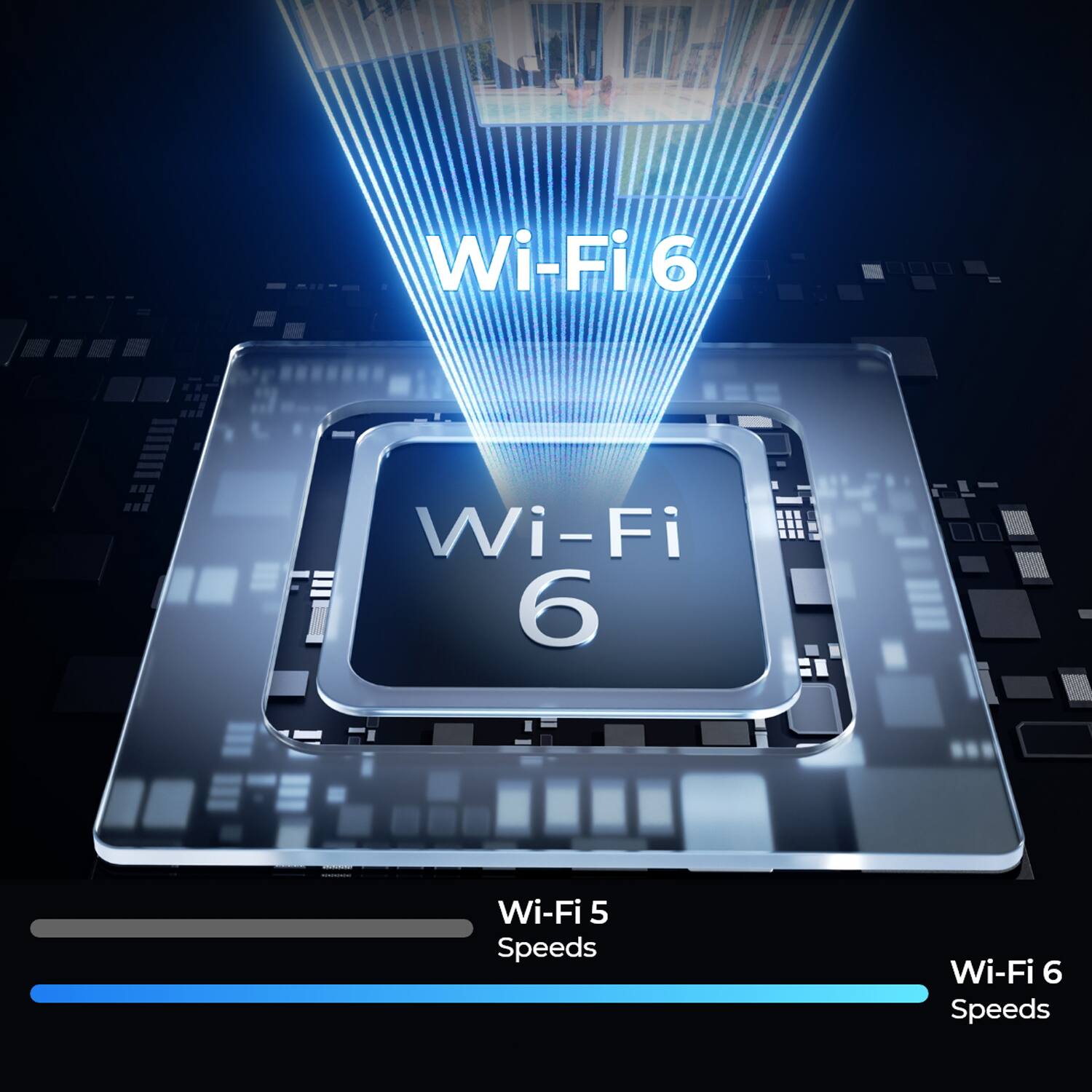 The image features a Wi-Fi 6 logo with a speed comparison between Wi-Fi 6 and Wi-Fi 5. The Wi-Fi 6 logo is displayed prominently in the center of the image, with the Wi-Fi 5 logo positioned below it. The image also includes a speed comparison chart, showcasing the faster speeds offered by Wi-Fi 6 compared to Wi-Fi 5.