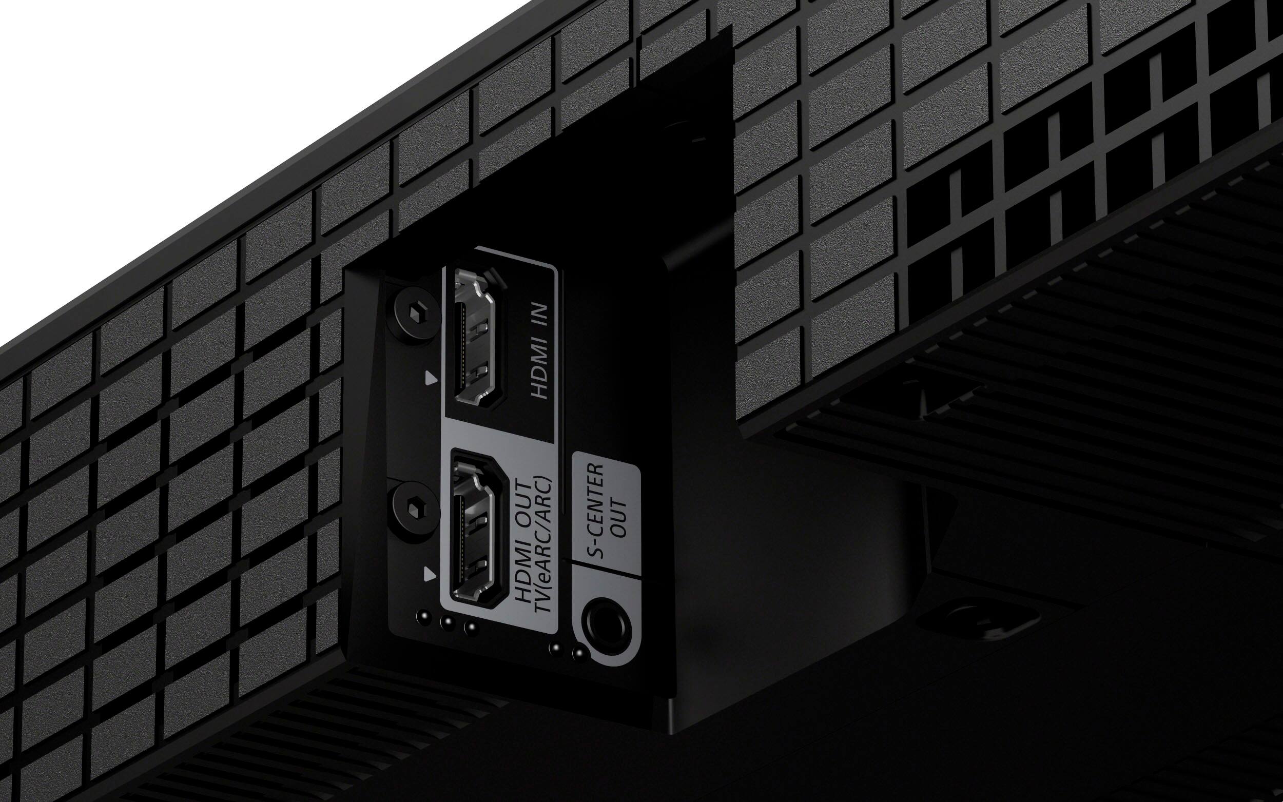 The image features a black electronic device with a HDMI port on the back. The device is designed for use with a TV, and it has an HDMI out port for connecting to the TV. Additionally, there is an eARC/ARC port on the device, which is used for enhanced audio return channel (eARC) or audio return channel (ARC) functionality. This allows for better audio quality and compatibility with various audio formats.