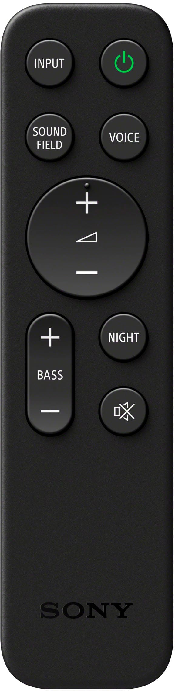 The image features a close-up of a Sony remote control with a green power button. The remote has a total of 12 buttons, including a volume control, a channel control, and a play/pause button. The remote also has a night mode button, which is located between the volume and channel controls.