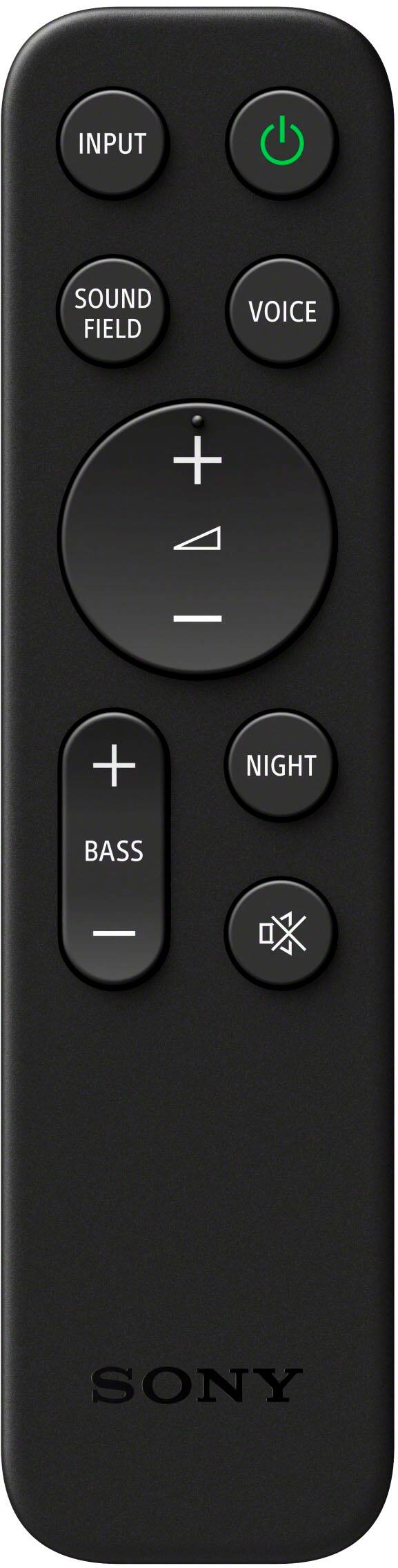 The image features a close-up of a Sony remote control with a green power button. The remote has a total of 12 buttons, including a volume control, a channel control, and a play/pause button. The remote also has a night mode button, which is located between the volume and channel controls.
