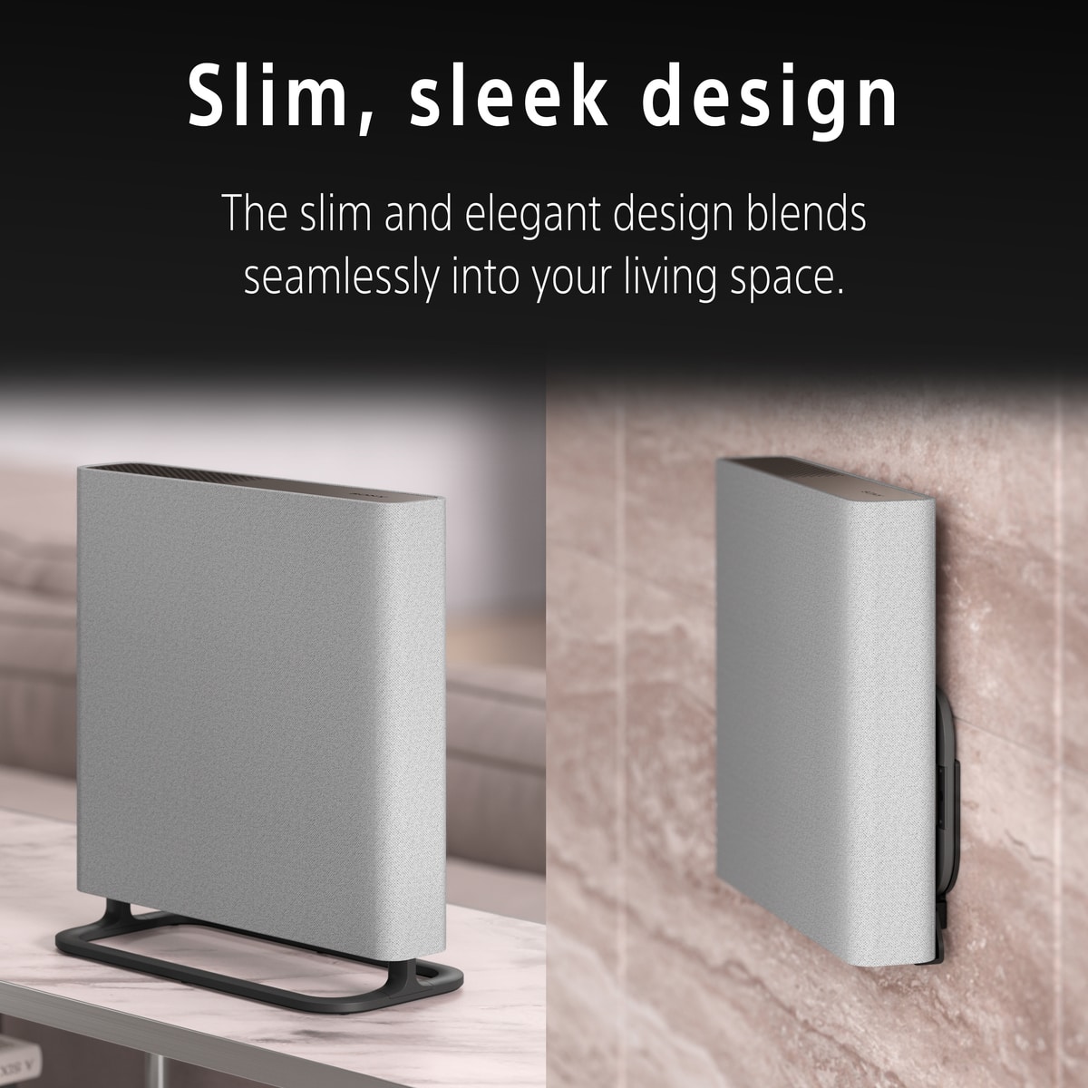 The image showcases a slim, sleek design that seamlessly blends into a living space. The design is modern and minimalistic, making it an attractive addition to any room. The slim design allows for easy integration into various spaces, such as a living room or a bedroom. The design is not only visually appealing but also functional, providing a practical solution for those looking to enhance their living space.