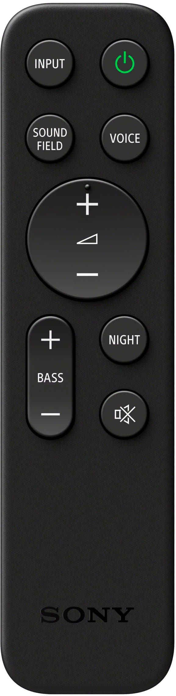 The image features a black Sony remote control with a green power button. The remote has a total of 13 buttons, including a directional pad, a select button, and a menu button. The buttons are arranged in a row, with the green power button being the most prominent. The remote control is designed to control a Sony device, likely a television or a home entertainment system.