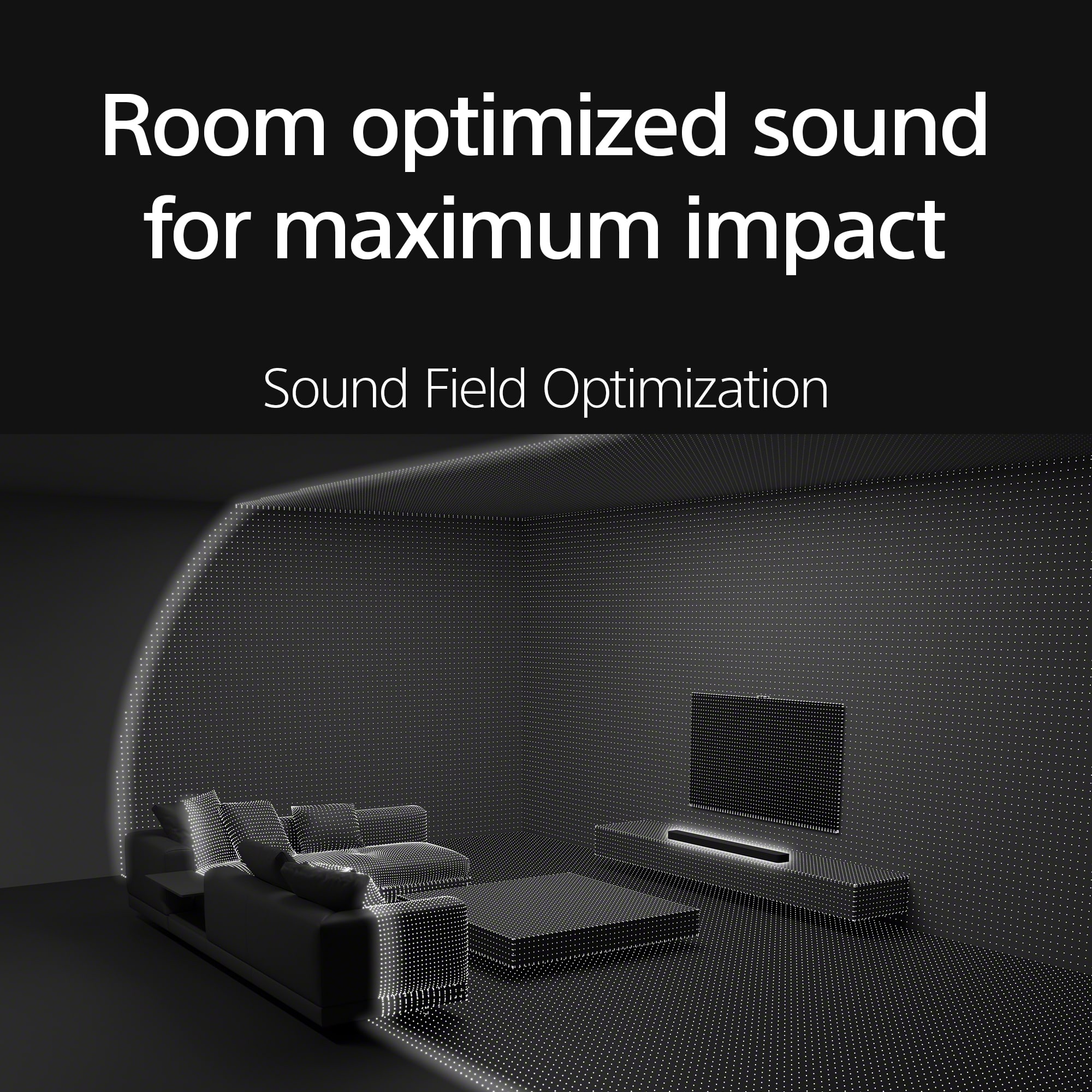 The image features a living room with a couch and a flat screen TV. The living room is designed for sound optimization, providing an immersive audio experience. The room is optimized for maximum impact, ensuring that the sound is evenly distributed throughout the space. This creates a more enjoyable and engaging environment for watching TV or listening to music.