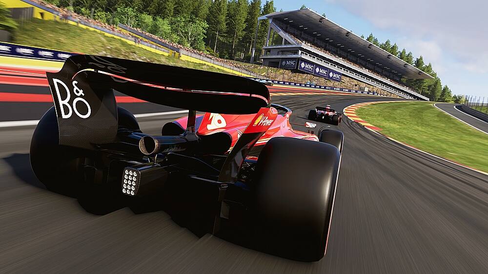 The image features a red and black race car with the number 11 on it, driving on a race track. The car is in motion, and there are other cars visible in the background. The scene appears to be a video game or a computer-generated image.