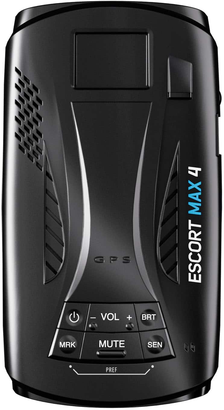 The image features a black electronic device with a display screen and several buttons. The device is likely a GPS system with a built-in speaker, as it is described as a "GPS with speaker." The buttons on the device are labeled with various functions, such as "Vol + BRT 4 MAX," "ESCORT MRK," "MUTE," and "SEN PREF." The device is designed to provide navigation and communication features for users while on the go.