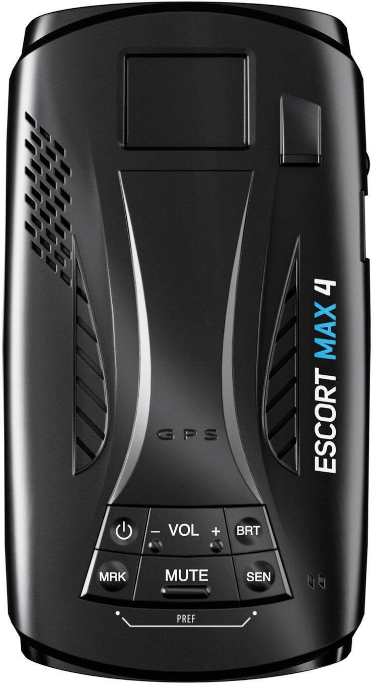 The image features a black electronic device with a display screen and several buttons. The device is likely a GPS system with a built-in speaker, as it is described as a "GPS with speaker." The buttons on the device are labeled with various functions, such as "Vol + BRT 4 MAX," "ESCORT MRK," "MUTE," and "SEN PREF." The device is designed to provide navigation and communication features for users while on the go.