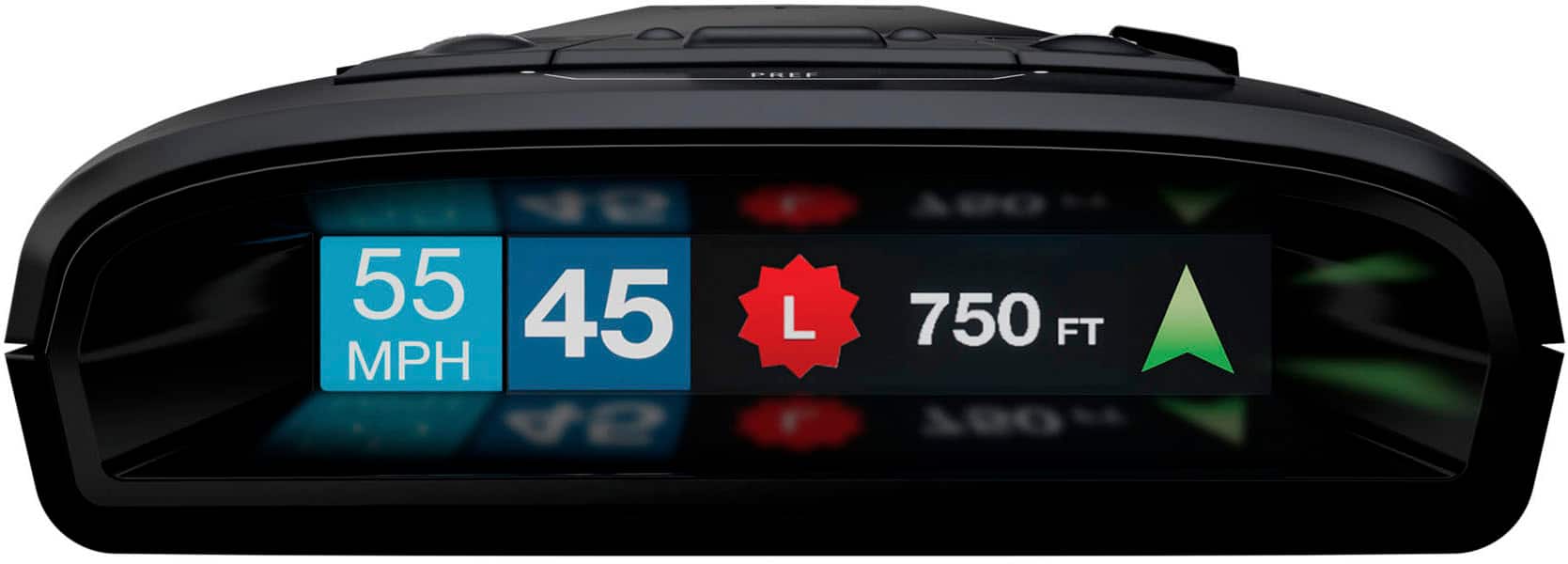 The image features a speedometer with a digital display showing the current speed, which is 45 miles per hour. The speedometer also indicates a downhill slope, as indicated by the "L" symbol on the display. The device is designed to provide real-time information about the vehicle's speed and surroundings, helping drivers stay informed and make safe driving decisions.