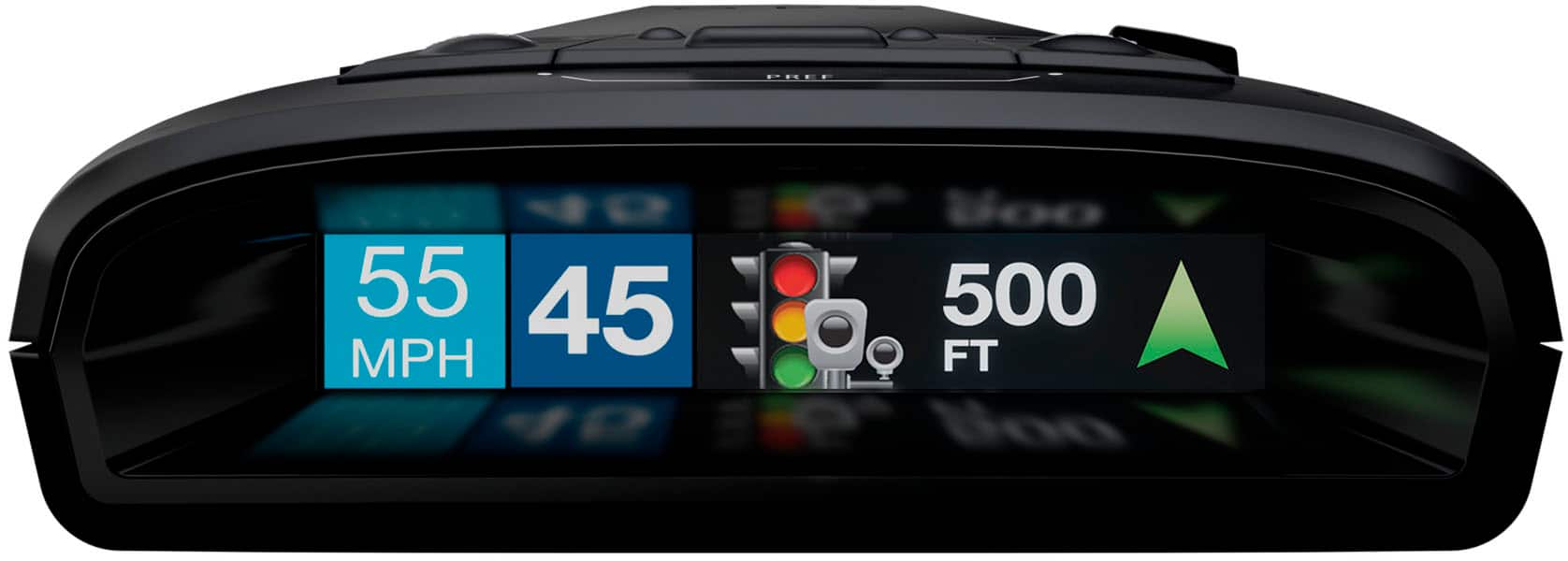The image shows a speedometer displaying the current speed of 55 mph. The speedometer also shows the altitude at 45 feet above sea level. The device is black and has a digital screen, making it easy to read the information.