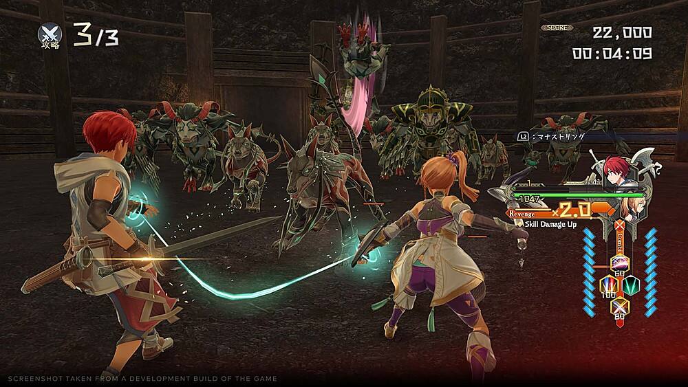 The text on the image reads: "3/3 SCOKE 22, 000 00:04:09 00 04 09 L2: 41 1047 Revenge x 2.0 Skill Damage Up Combi 60 100 80 SCREENSHOT TAKEN FROM A DEVELOPMENT BUILD OF THE GAME".