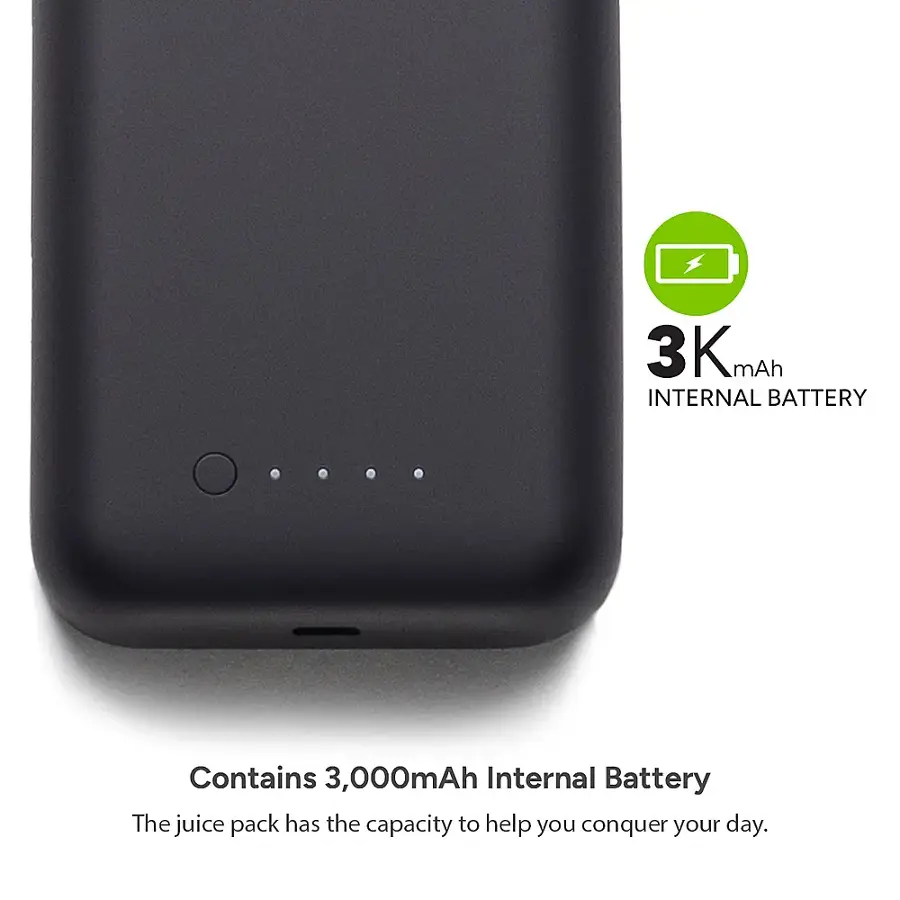 The image features a black device with a 3,000mAh internal battery. The device is designed to provide the necessary power to help users conquer their day. The juice pack is an essential accessory for those who need extra battery life for their electronic devices.
