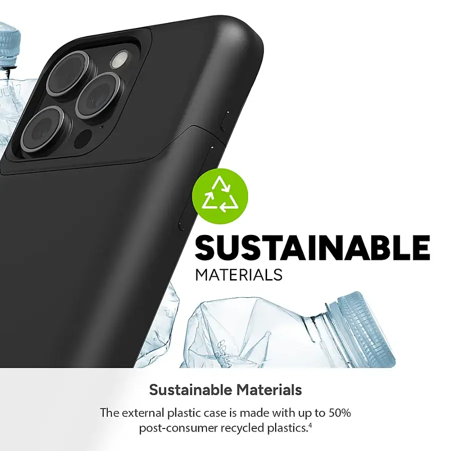 The image features a black cell phone with a green recycling symbol on it, promoting sustainable materials. The external plastic case is made with up to 50% post-consumer recycled plastics. This eco-friendly approach to manufacturing reduces waste and contributes to a more sustainable future.